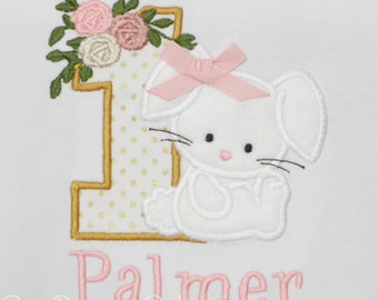 Girl's Bunny Birthday Shirt, Bunny Birthday Shirt, Rabbit Birthday, Bunny with Flowers Birthday Shirt, Custom, ANY AGE/COLORS