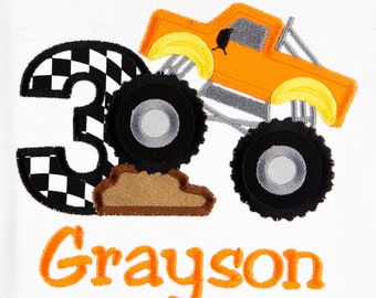 Monster Truck Birthday Shirt, Monster Truck Applique Shirt, Monster Truck Climbing Dirt, Orange and Yellow Monster Truck, Custom, Any Colors