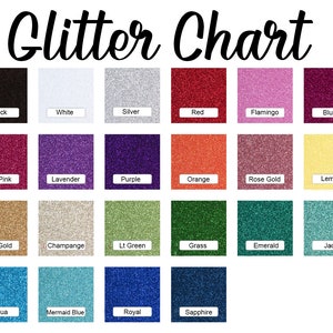 May include: A chart displaying 20 different colours of glitter. The colours are arranged in a grid of four rows and five columns. The colours include black, white, silver, red, flamingo, blush, hot pink, lavender, purple, orange, rose gold, lemon, old gold, champagne, light green, grass, emerald, jade, aqua, mermaid blue, royal, and sapphire.