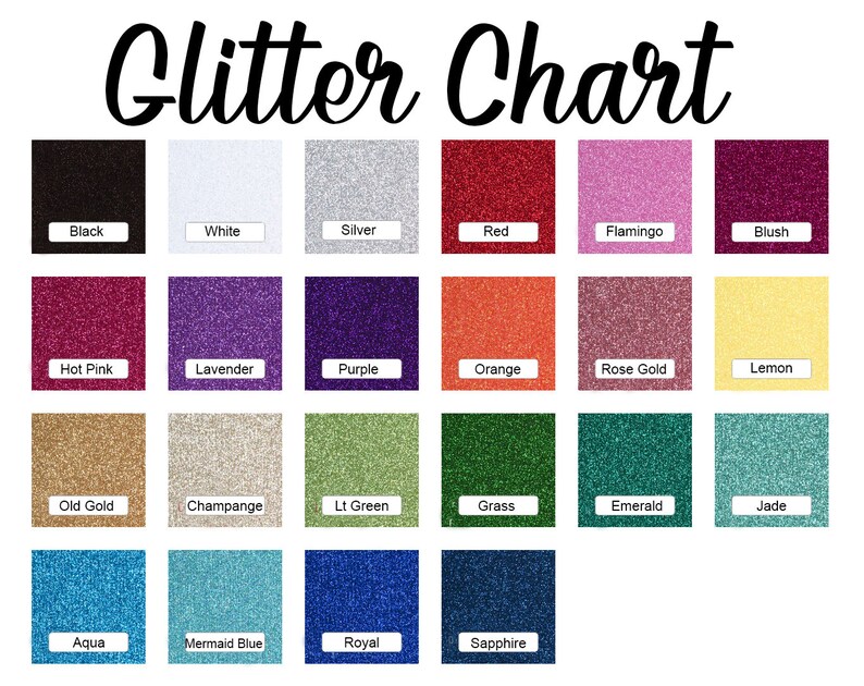 May include: A chart displaying 20 different colours of glitter. The colours are arranged in a grid of four rows and five columns. The colours include black, white, silver, red, flamingo, blush, hot pink, lavender, purple, orange, rose gold, lemon, old gold, champagne, light green, grass, emerald, jade, aqua, mermaid blue, royal, and sapphire.