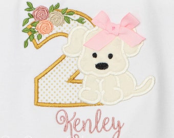 Girl's Puppy Birthday Shirt, Dog Birthday Shirt, Puppy Birthday, Puppy with Flowers Birthday Shirt, Custom, ANY AGE/COLORS