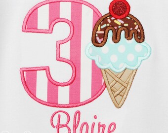 Girls Ice Cream Birthday Shirt,  Ice cream Personalized Shirt, Applique Embroidered Shirt, Custom, Any Age and Colors