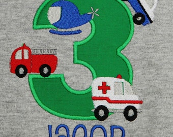 Rescue Vehicles Birthday Shirt or Bodysuit, Emergency Responders, Rescue Vehicles, First Responsers Party, Any, Custom Age