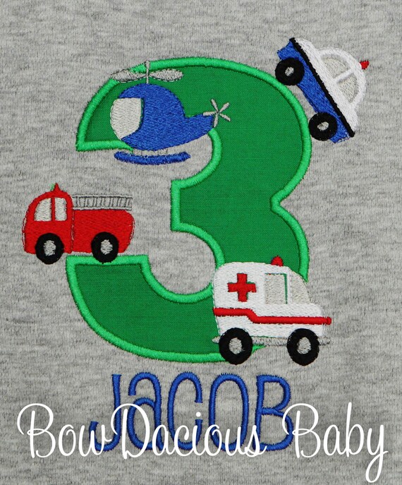 Rescue Vehicles Birthday Shirt or Bodysuit, Emergency Responders, Rescue Vehicles, First Responsers Party, Any, Custom Age Il_570xn