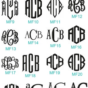 K&ouml;nnte beinhalten: Ein Diagramm mit 28 verschiedenen Monogramm-Designs, jedes mit den Buchstaben ACB, in verschiedenen Stilen und Schriftarten. Die Designs sind von MF1 bis MF28 nummeriert.