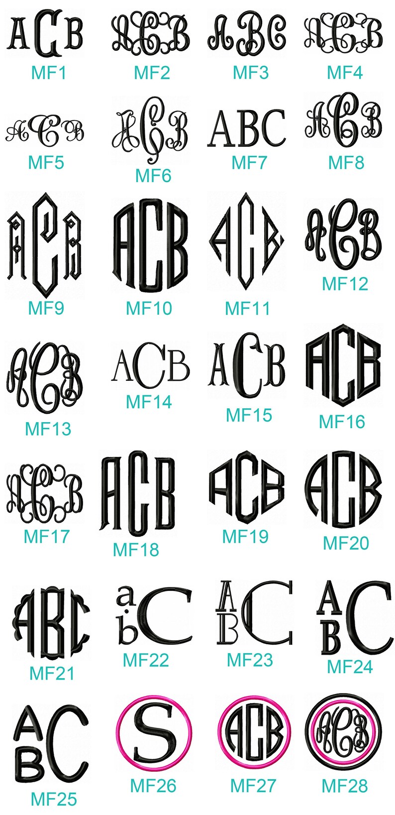 K&ouml;nnte beinhalten: Ein Diagramm mit 28 verschiedenen Monogramm-Designs, jedes mit den Buchstaben ACB, in verschiedenen Stilen und Schriftarten. Die Designs sind von MF1 bis MF28 nummeriert.