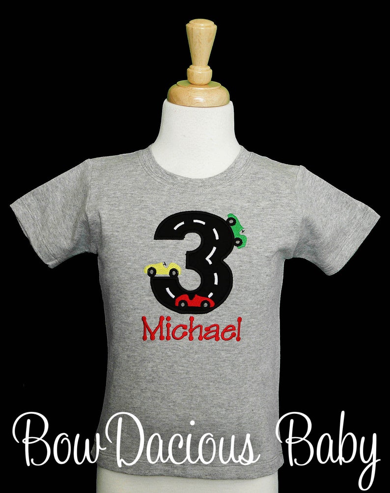 Race Cars Birthday Shirt, Boys Birthday Racing Shirt, Boys Vehicle Shirt, Number Shirt, Race Car Birthday Shirt, Custom Colors/Age image 2