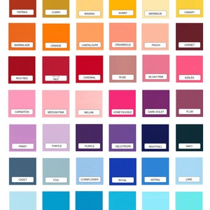 May include: A chart of 60 solid color fabric swatches with the name of each color printed below the swatch. The colors are arranged in rows and columns, starting with black and white in the top row and ending with sprout in the bottom row.