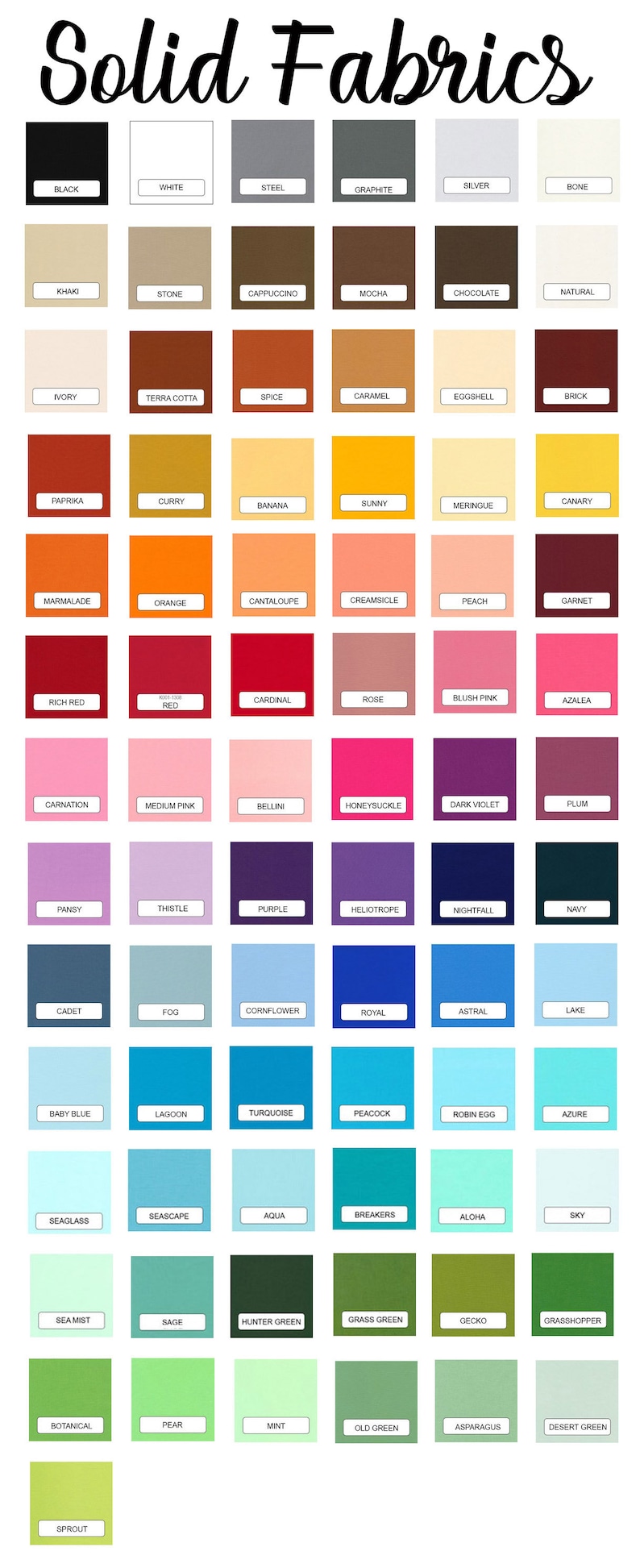May include: A chart of 60 solid color fabric swatches with the name of each color printed below the swatch. The colors are arranged in rows and columns, starting with black and white in the top row and ending with sprout in the bottom row.