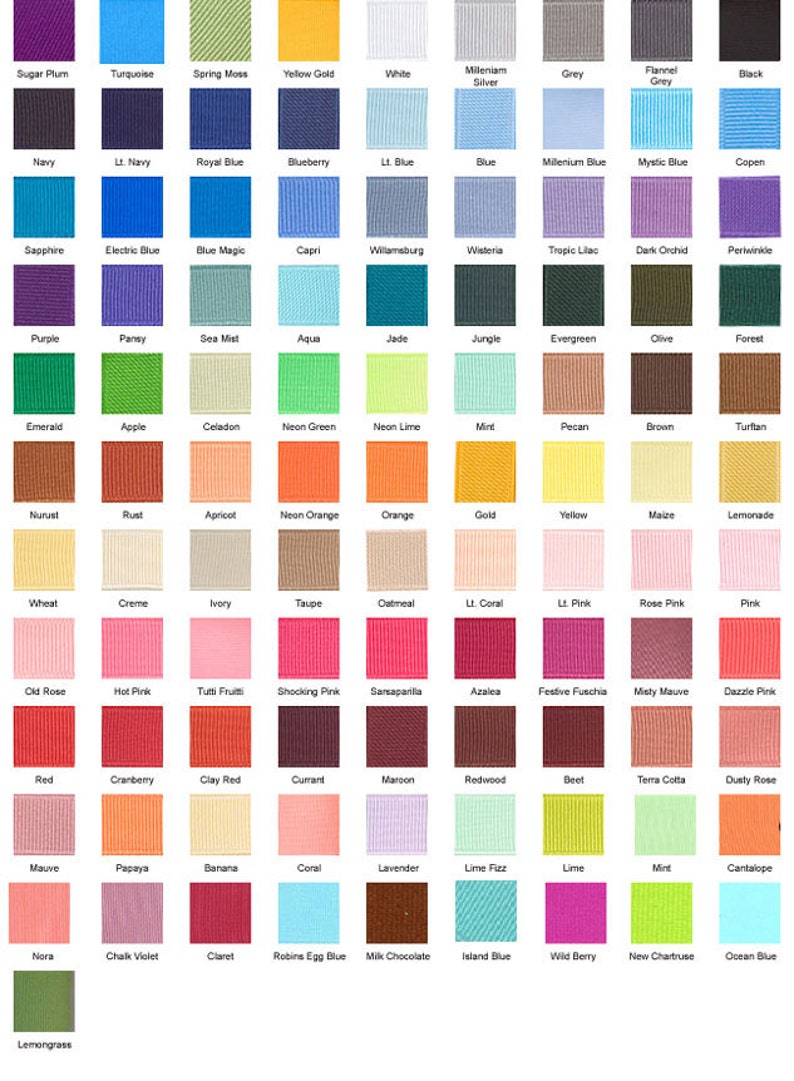 May include: A color chart with 100 different fabric swatches. Each swatch is labeled with a color name. The colors are arranged in rows and columns. The colors include shades of blue, green, red, pink, yellow, orange, brown, and purple.