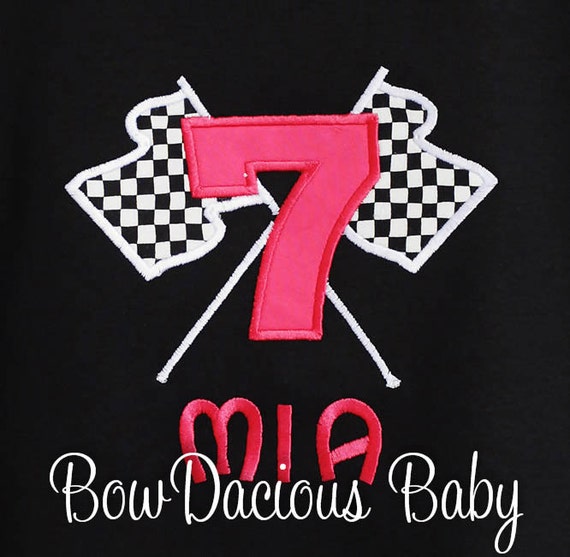 Girl's Checkered Flage Birthday Shirt, Girl's Race Themed Birthday Shirt, Race Car Birthday Shirt, Any Age, Custom Colors, Appliqued Il_570xn