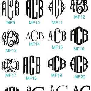 May include: A chart of 28 different monogram designs, each with the letters ACB, in various styles and fonts. The designs are numbered MF1 through MF28.