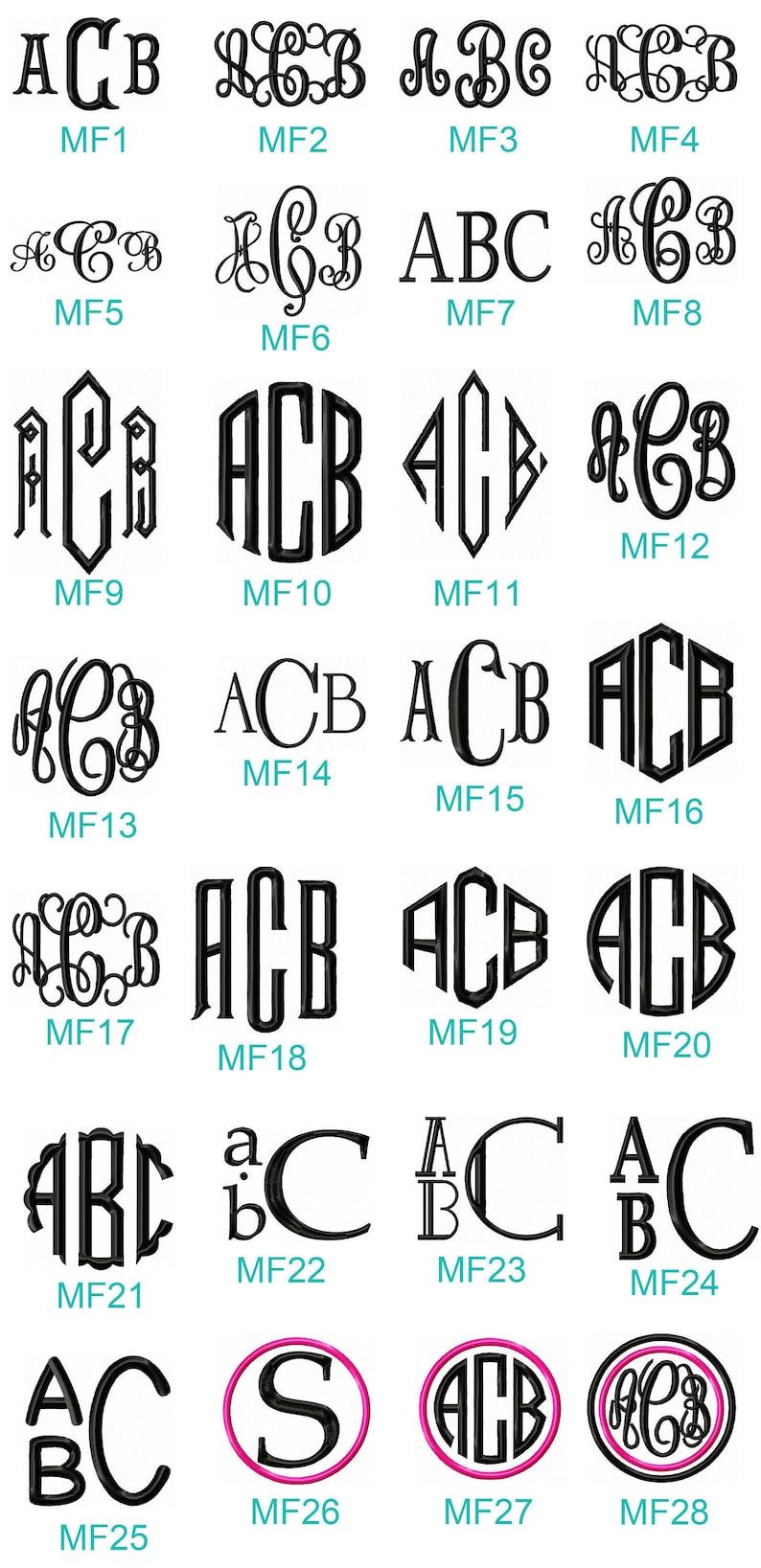 May include: A chart of 28 different monogram designs, each with the letters ACB, in various styles and fonts. The designs are numbered MF1 through MF28.