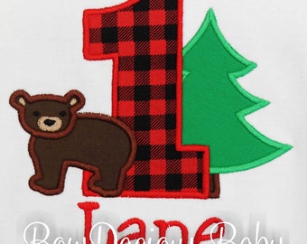 Lumberjack First Birthday Shirt: Buffalo Plaid Bear, Custom Age