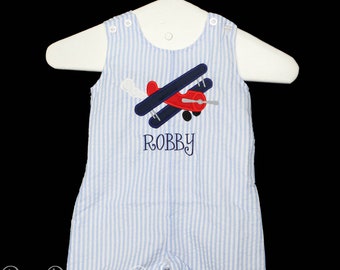 Airplane Outfit, Personalized Airplane Jon Jon, Shortall, Monogrammed Jon Jon, Boys Seersucker Outfit, Summer Outfit, Jonjon, Custom