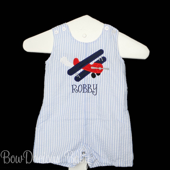 Airplane Outfit, Personalized Airplane Jon Jon, Shortall, Monogrammed Jon Jon, Boys Seersucker Outfit, Summer Outfit, Jonjon, Custom Il_570xn
