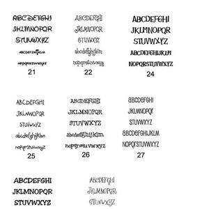 May include: A collection of various font styles displayed in black. Each font showcases uppercase and lowercase letters, along with numbers. The image presents a diverse range of typography options for design projects.