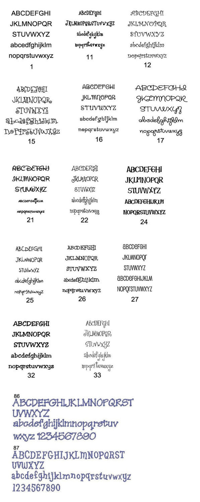 May include: A collection of various font styles displayed in black. Each font showcases uppercase and lowercase letters, along with numbers. The image presents a diverse range of typography options for design projects.
