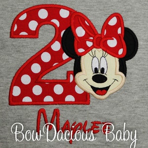 Personalized Minnie Mouse birthday shirt. Custom Minnie Mouse birthday shirt. Appliqued, embroidered Minnie birthday shirt. Minnie Mouse number shirt. Appliqued embroidered birthday shirt. Appliqued Minnie Birthday shirt. Red Minnie Mouse Birthday.