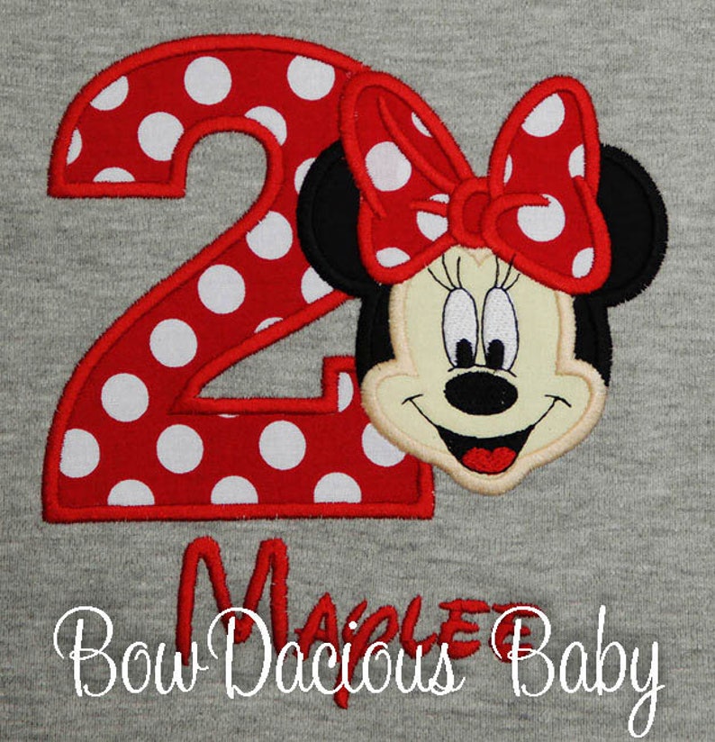 Personalized Minnie Mouse birthday shirt. Custom Minnie Mouse birthday shirt. Appliqued, embroidered Minnie birthday shirt. Minnie Mouse number shirt. Appliqued embroidered birthday shirt. Appliqued Minnie Birthday shirt. Red Minnie Mouse Birthday.