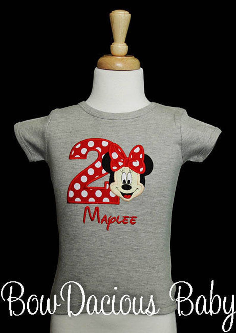Personalized Minnie Mouse birthday shirt. Custom Minnie Mouse birthday shirt. Appliqued, embroidered Minnie birthday shirt. Minnie Mouse number shirt. Appliqued embroidered birthday shirt. Appliqued Minnie Birthday shirt. Red Minnie Mouse Birthday.