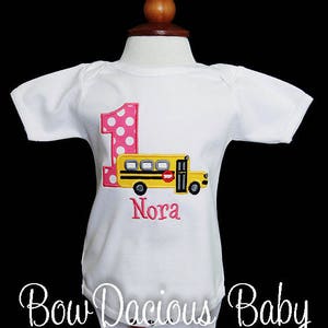 Girls School Bus Birthday Shirt, School Bus Birthday Shirt, Custom Bus Birthday Shirt, You Pick Fabrics and Font Ages 1-9 Available image 2