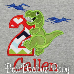 May include: A grey t-shirt with an embroidered green dinosaur and a red number 2. The number 2 has a chevron pattern. Two blue pterodactyls are embroidered above the dinosaur. The name "Calle" is embroidered in red.