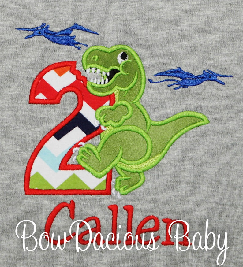 May include: A grey t-shirt with an embroidered green dinosaur and a red number 2. The number 2 has a chevron pattern. Two blue pterodactyls are embroidered above the dinosaur. The name "Calle" is embroidered in red.