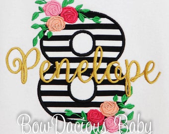 Rose Birthday Shirt, Girls Birthday Shirt, Custom Birthday Shirt, Black and Gold Birthday Shirt, Flower Party, Free Personalization, Any Age