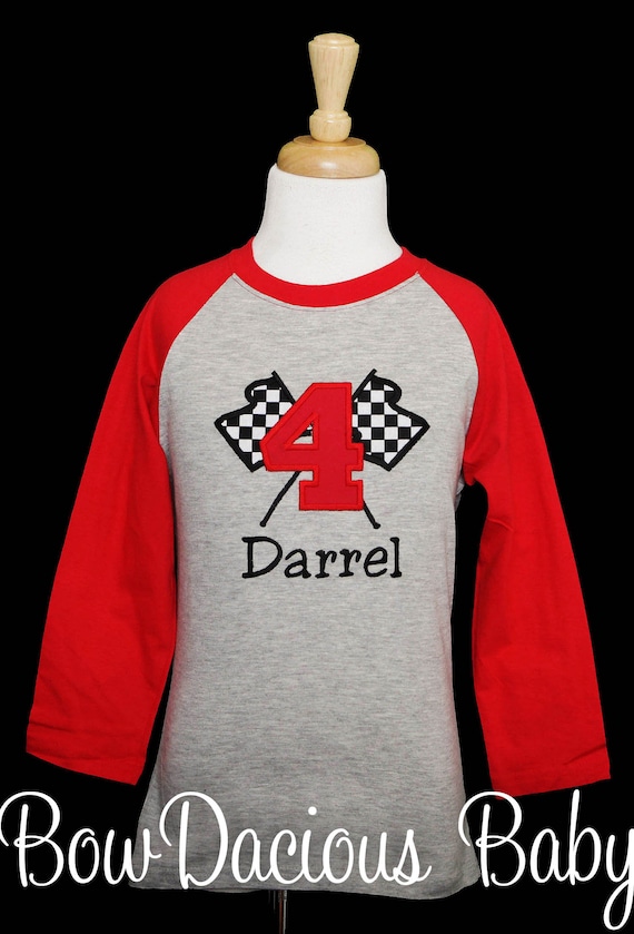 Boys Race Car Birthday Shirt, Checkered Flag Birthday Shirt, Embroidered and Appliqued Birthday Shirt, 4th Birthday Shirt, ANY AGE/COLORS Il_570xn