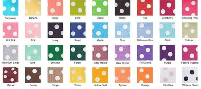 K&ouml;nnte beinhalten: Eine Tabelle mit 36 verschiedenen farbigen Polka-Dot-B&auml;ndern. Die B&auml;nder sind in einem Raster mit sechs Reihen und sechs Spalten angeordnet. Jedes Band hat eine andere Farbe und einen anderen Namen, der darunter gedruckt ist.