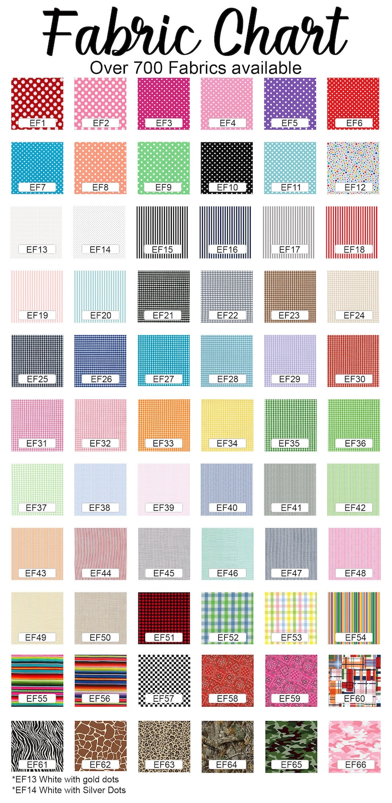 May include: Fabric chart with over 700 fabric options. The image displays a grid of fabric swatches in various colors and patterns, including polka dots, stripes, gingham, and animal prints. The chart includes the text "Fabric Chart" at the top.