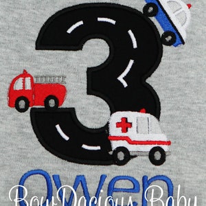Rescue Vehicles Birthday Shirt or Bodysuit, Emergency Responders, Rescue Vehicles, First Responsers Party, Any, Custom Age