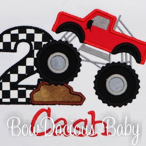 Personalized monster truck birthday shirt. Custom monster truck birthday shirt. Appliqued, embroidered monster truck birthday shirt.