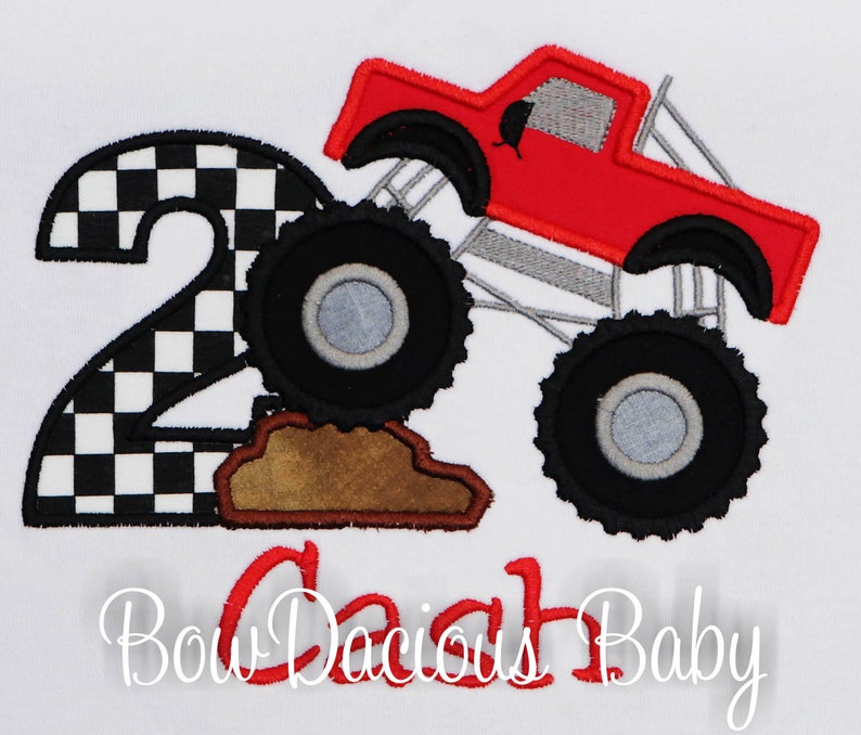 Personalized monster truck birthday shirt. Custom monster truck birthday shirt. Appliqued, embroidered monster truck birthday shirt.