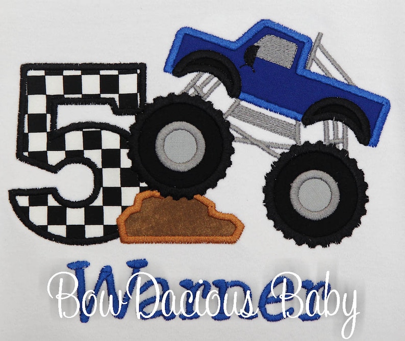 Personalized monster truck birthday shirt. Custom monster truck birthday shirt. Appliqued, embroidered monster truck birthday shirt. Monster truck climbing dirt. Monster truck number shirt.