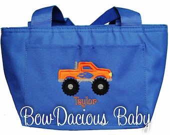 Boys Lunch Box, Boys Lunch Bag, Personalized Monster Truck Lunch Bag or Tote, Custom Colors and Name, Boys or Girls