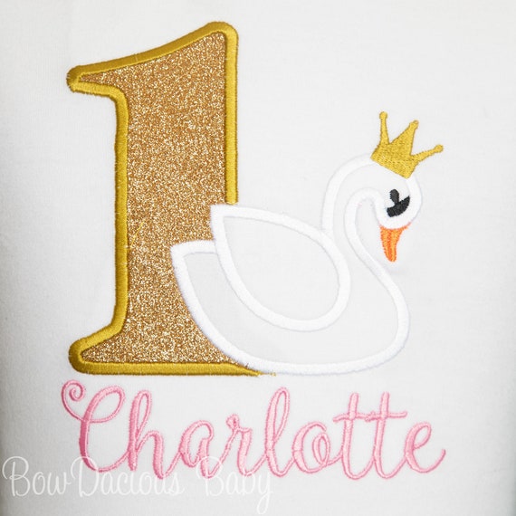 Swan Birthday Shirt, Princess Birthday Party Tee, Girl's Birthday Shirt, Pink and Gold Glitter, 1st Birthday Outfit, Embroidered, Custom Il_570xn