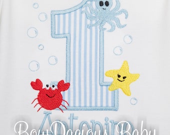 Personalized Under the Sea Birthday Shirt or Bodysuit, Personalized Ocean Sealife Beach Theme Birthday Shirt, Any Age/Colors, Embroidered
