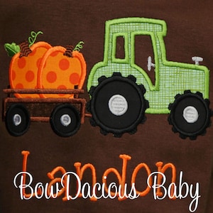Boys Fall Shirt, Halloween Shirt, Tractor with Pumpkin, Pumpkin Patch Shirt, Custom Embroidered Applique Shirt, Fall Outfit, Thanksgiving