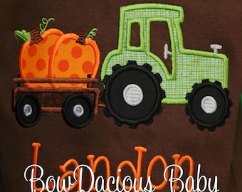 Boys Fall Shirt, Halloween Shirt, Tractor with Pumpkin, Pumpkin Patch Shirt, Custom Embroidered Applique Shirt, Fall Outfit, Thanksgiving