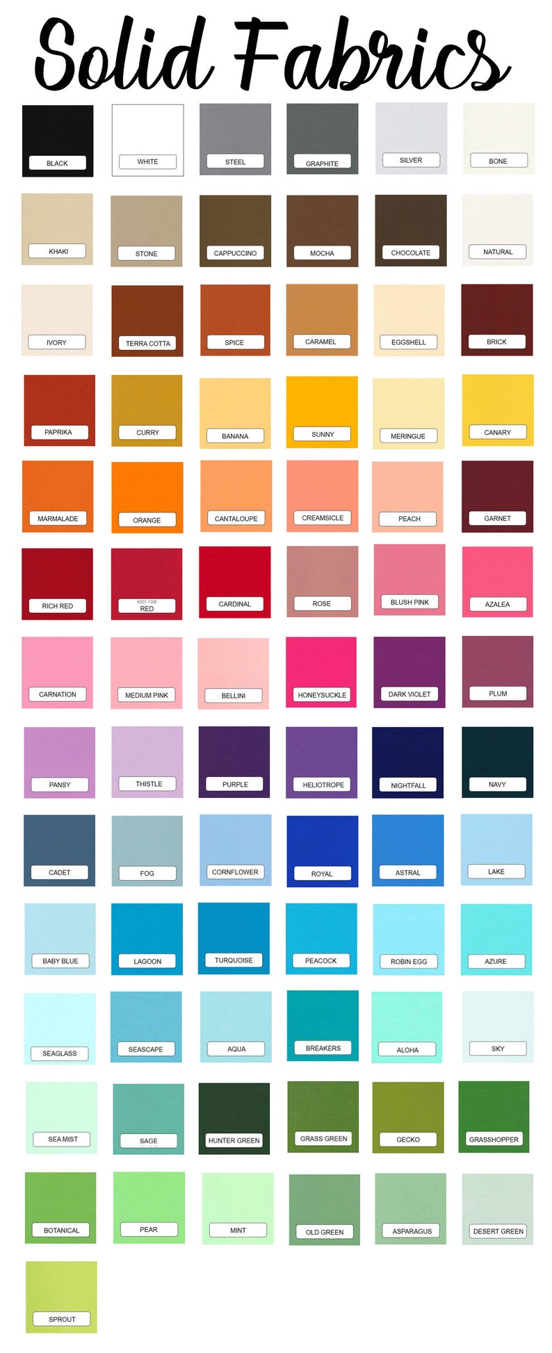 May include: Image of a color chart titled "Solid Fabrics" with a variety of fabric swatches. Colors include black, white, steel, graphite, khaki, stone, and many more. Each color is labeled with its name.