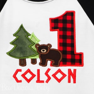Woodland Bear 1st Birthday Shirt: Buffalo Plaid Appliqued, Custom Name