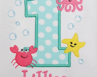 Girls Ocean Birthday Shirt, Under the Sea Birthday, Crab, Starfish, Octopus, Birthday Shirt or Bodysuit Beach Party, Custom, You Pick