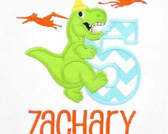 Dinosaur Birthday Shirt, 5th Birthday Embroidered T-Rex Birthday T-Shirt, Dinosaur Party Shirt, Ages 1-9, Custom Colors, Personalized
