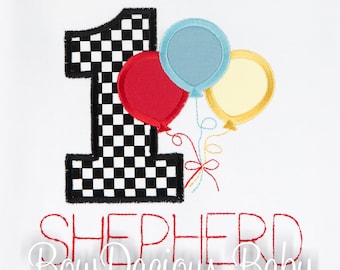 Racing Birthday Balloons Shirt, Checkered Flag Balloons Birthday Shirt, Birthday Balloons, Boy First Birthday Shirt, Custom, ANY AGE/COLORS