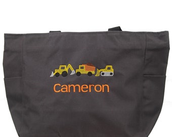 Construction Vehicles Tote Bag, Boys Tote Bag, Custom Tote Bag, Personalized Bag, Daycare Bag, Preschool Bag, Monogrammed, Birthday Gift