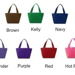 May include: A set of 14 insulated lunch bags in various colors, including black, white, brown, kelly green, navy blue, royal blue, turquoise, light blue, lavender, purple, red, hot pink, and light pink.