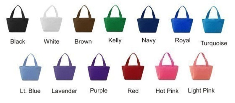 May include: A set of 14 insulated lunch bags in various colors, including black, white, brown, kelly green, navy blue, royal blue, turquoise, light blue, lavender, purple, red, hot pink, and light pink.