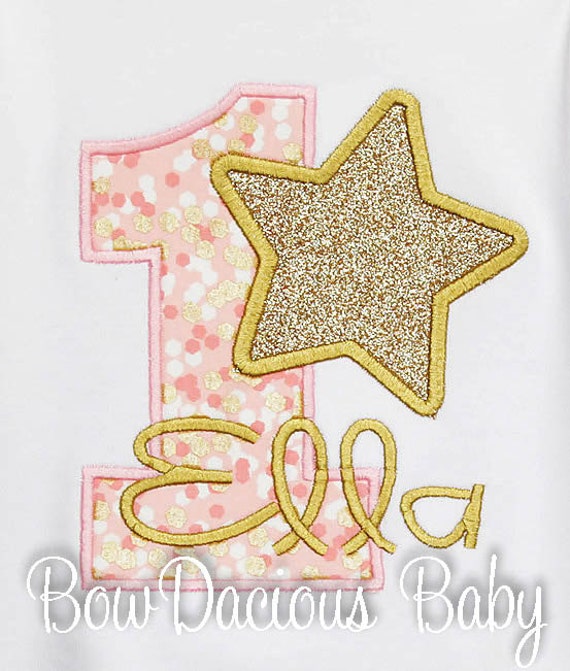 Star Birthday Shirt, Little Star, Pink and Gold Birthday Shirt, Girl Star, Boy Star Embroidered Applique Shirt or Bodysuit, Custom, Any Age Il_570xn